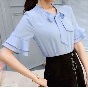 Pastel Blue Tie-Neck Short-Sleeve Blouse
